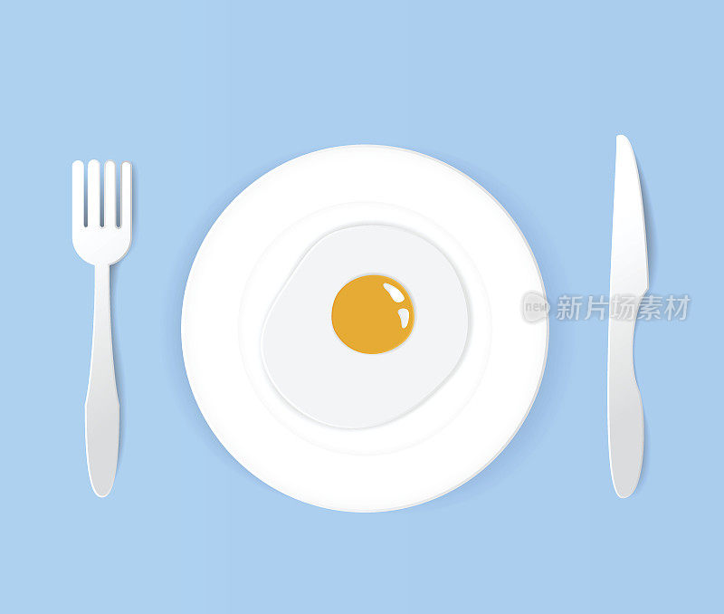 Fried egg  on  plate.with knife and fork art white set.paper art vector illustration